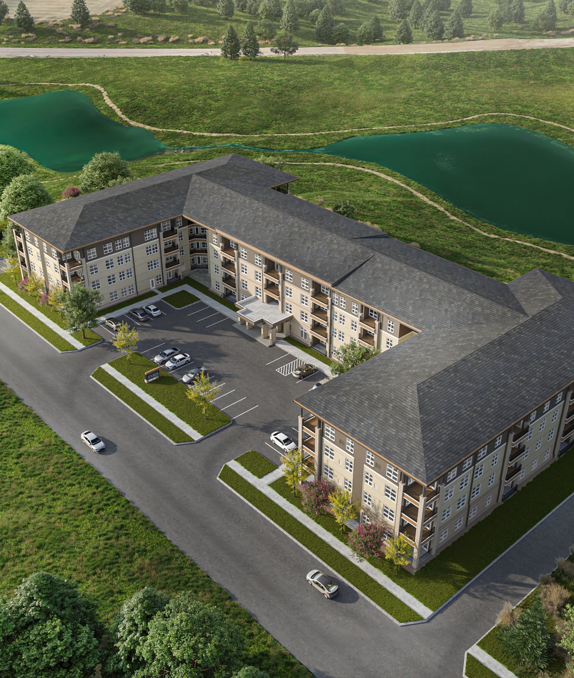 Aerial rendering of Emra Sioux Falls with ponds and walking trails Aerial rendering of Emra Sioux Falls with ponds and walking trails